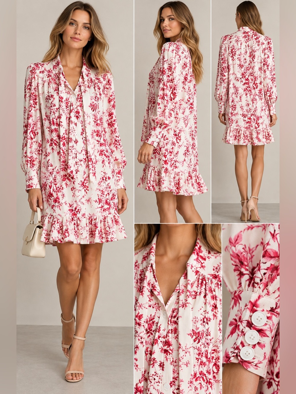 Boutique Moschino Red White Floral Satin Tie Bow Ruffle Dress US 2 Runs large